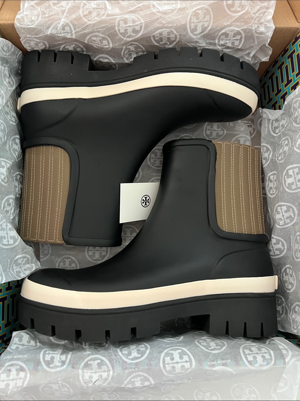 Tory Burch Black Chelsea Lug Booties with Tan Elastic Panels